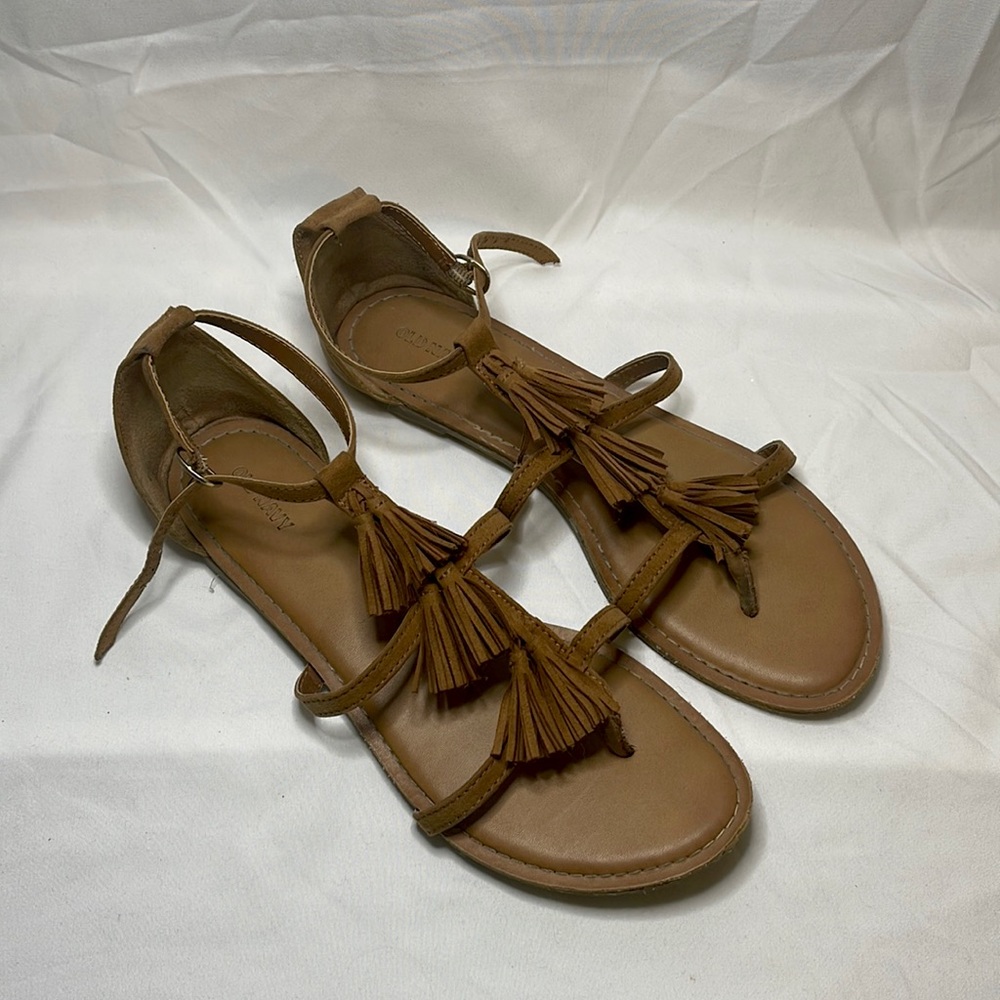 Cognac Faux Suede Sandals with Tassels